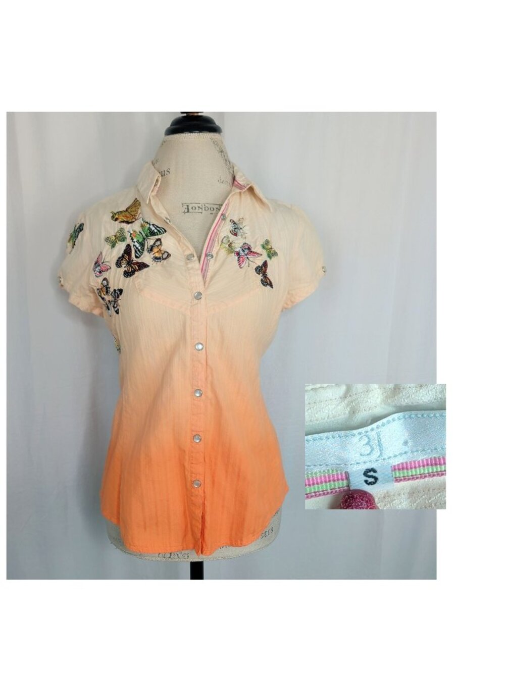 Johnny Was Orange Top Button Down Small Embroidered Butterfly
